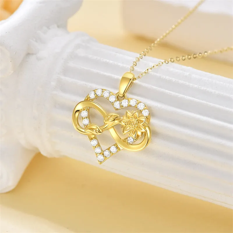 14k Gold Sunflower Heart Necklace for Women Real Gold Flower Infinity Necklace You are My Sunshine Necklace