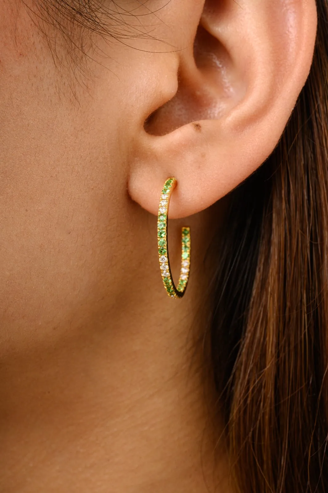 18K Solid Yellow Gold Tsavorite C-Hoop Earrings