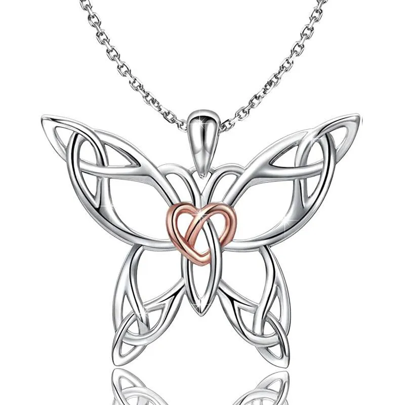 925 Sterling Silver Celtic Butterfly Heart Necklace Good Luck Gift for Ladies Women