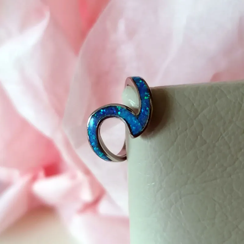 925 Sterling Silver Wave Ring Ocean Beach Lab Created Blue Opal.For women to show unlimited beauty sizes 5-10