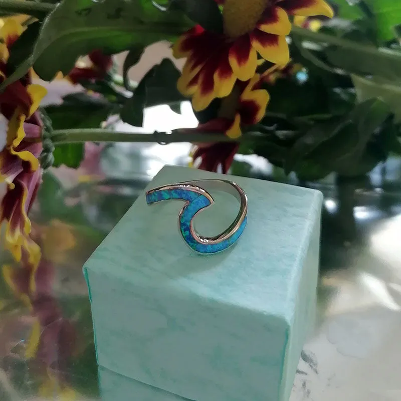 925 Sterling Silver Wave Ring Ocean Beach Lab Created Blue Opal.For women to show unlimited beauty sizes 5-10