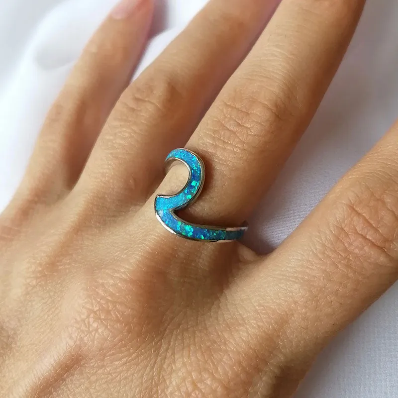 925 Sterling Silver Wave Ring Ocean Beach Lab Created Blue Opal.For women to show unlimited beauty sizes 5-10