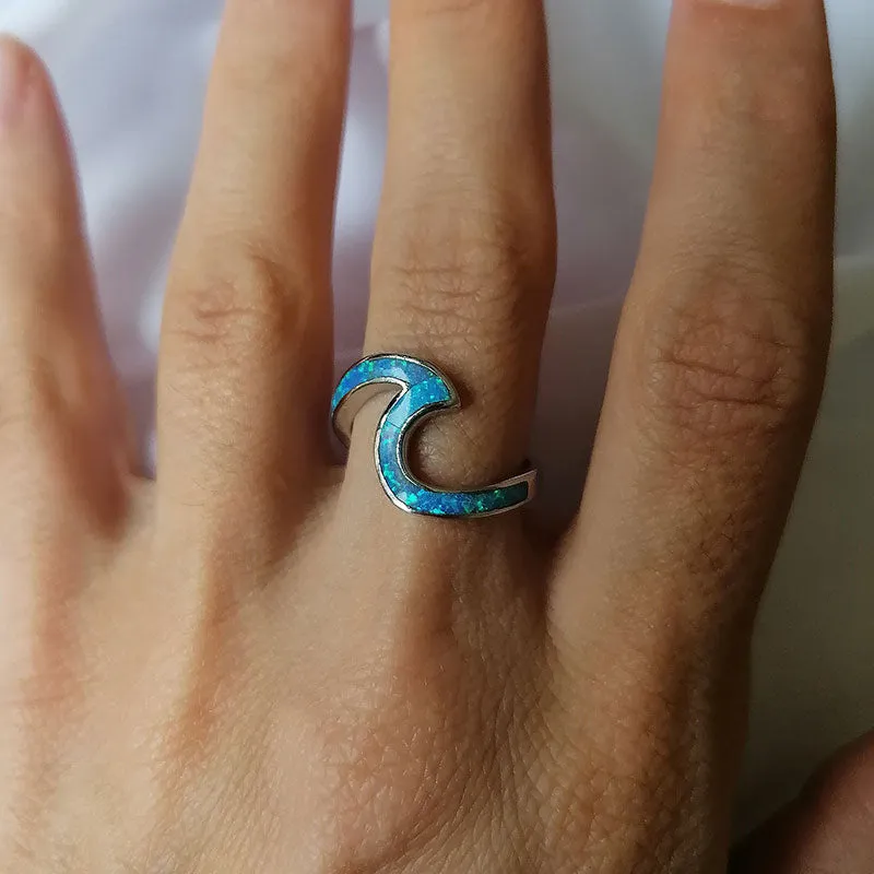 925 Sterling Silver Wave Ring Ocean Beach Lab Created Blue Opal.For women to show unlimited beauty sizes 5-10