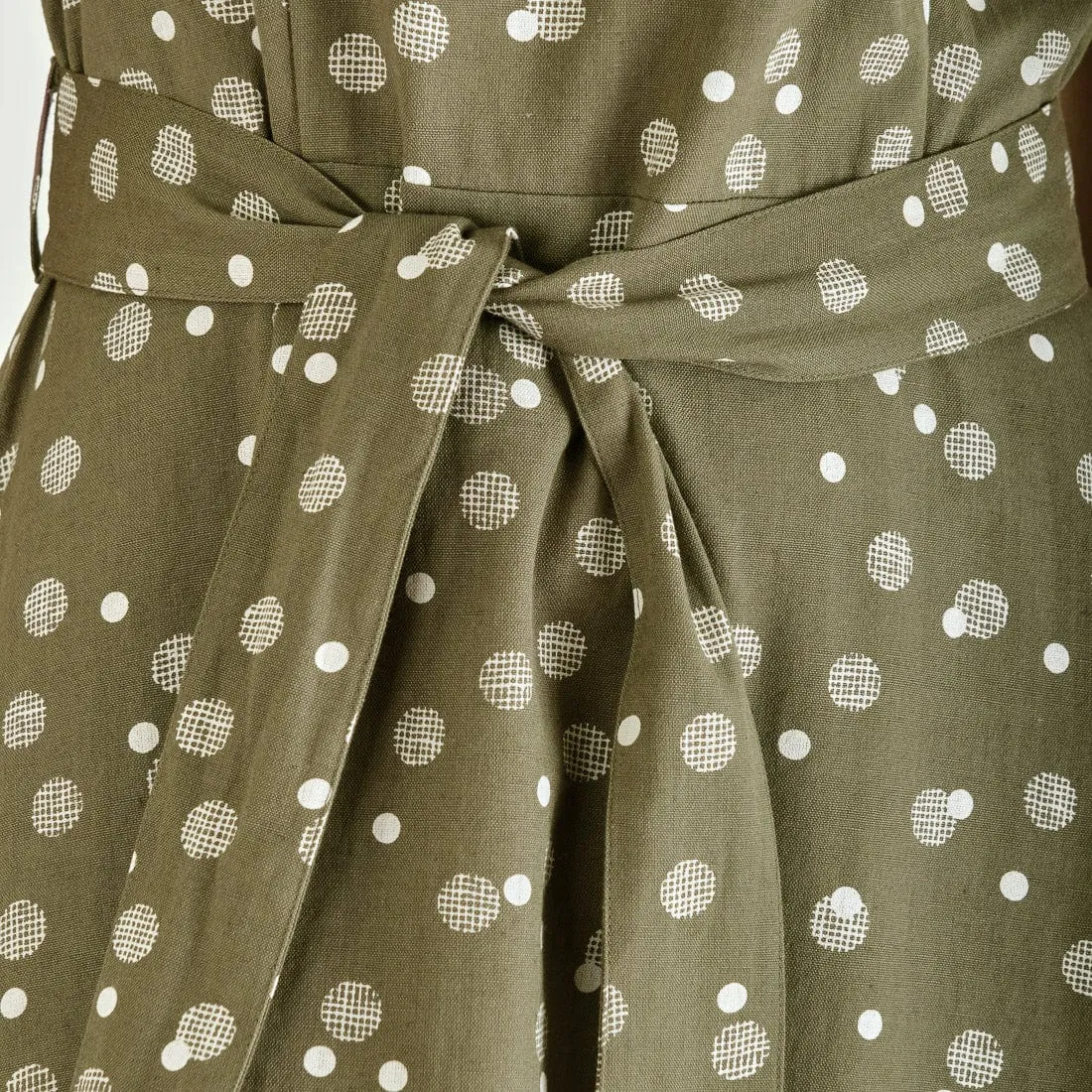 Adelia Linen & Cotton Polka Dot Sleeveless Dress | Olive