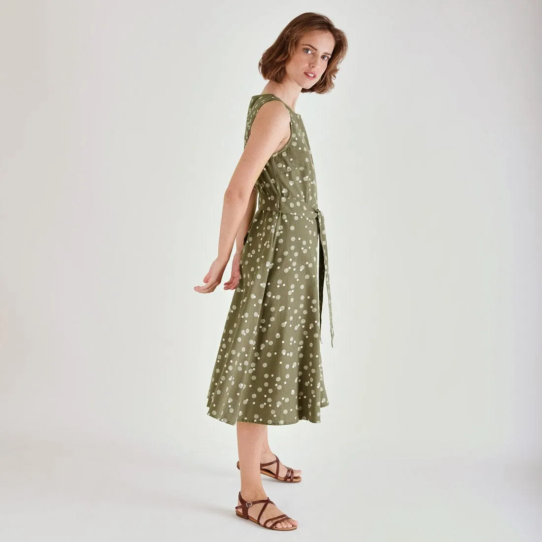 Adelia Linen & Cotton Polka Dot Sleeveless Dress | Olive