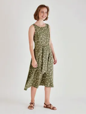 Adelia Linen & Cotton Polka Dot Sleeveless Dress | Olive