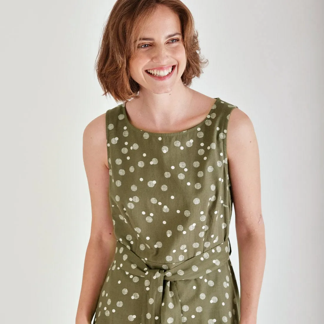 Adelia Linen & Cotton Polka Dot Sleeveless Dress | Olive