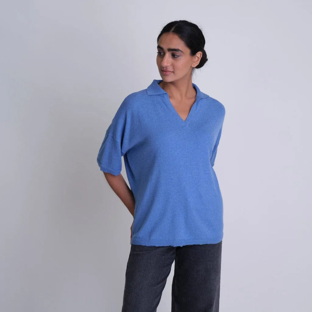 Alicia Organic Cotton Oversized Polo Neck Jumper | Blue Melange