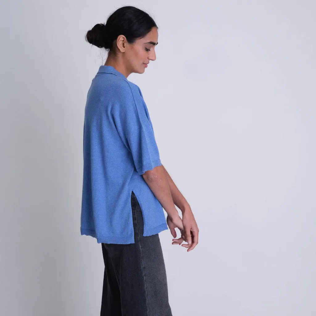 Alicia Organic Cotton Oversized Polo Neck Jumper | Blue Melange