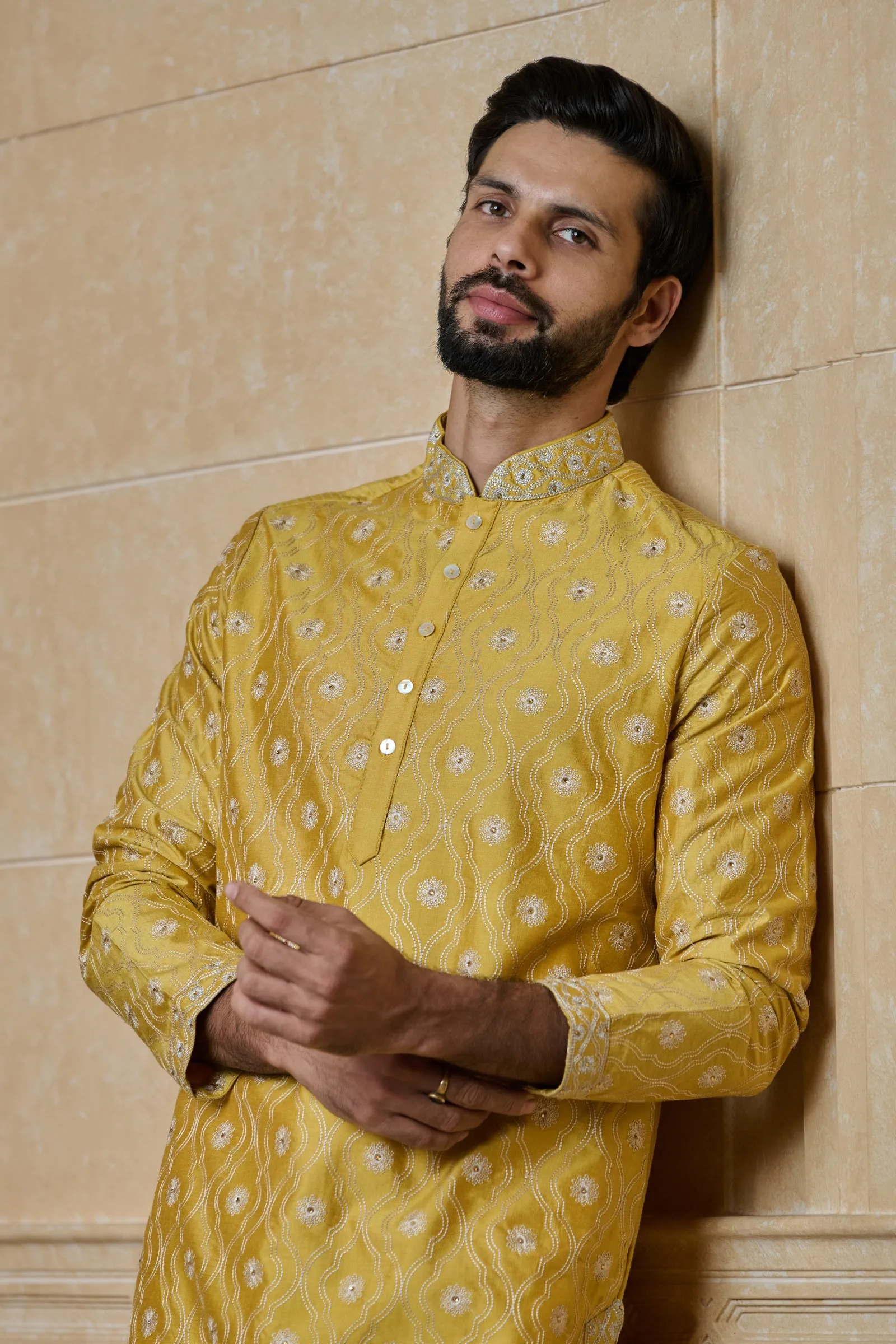 All Over Thread Jaal With Embroidery Neck With Gold Churidar