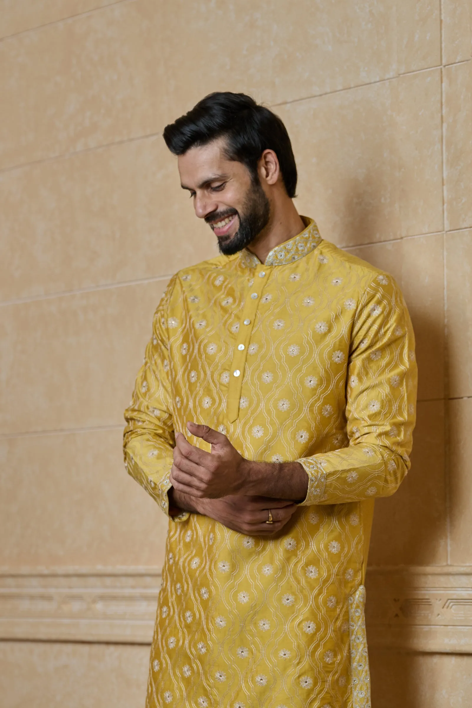 All Over Thread Jaal With Embroidery Neck With Gold Churidar