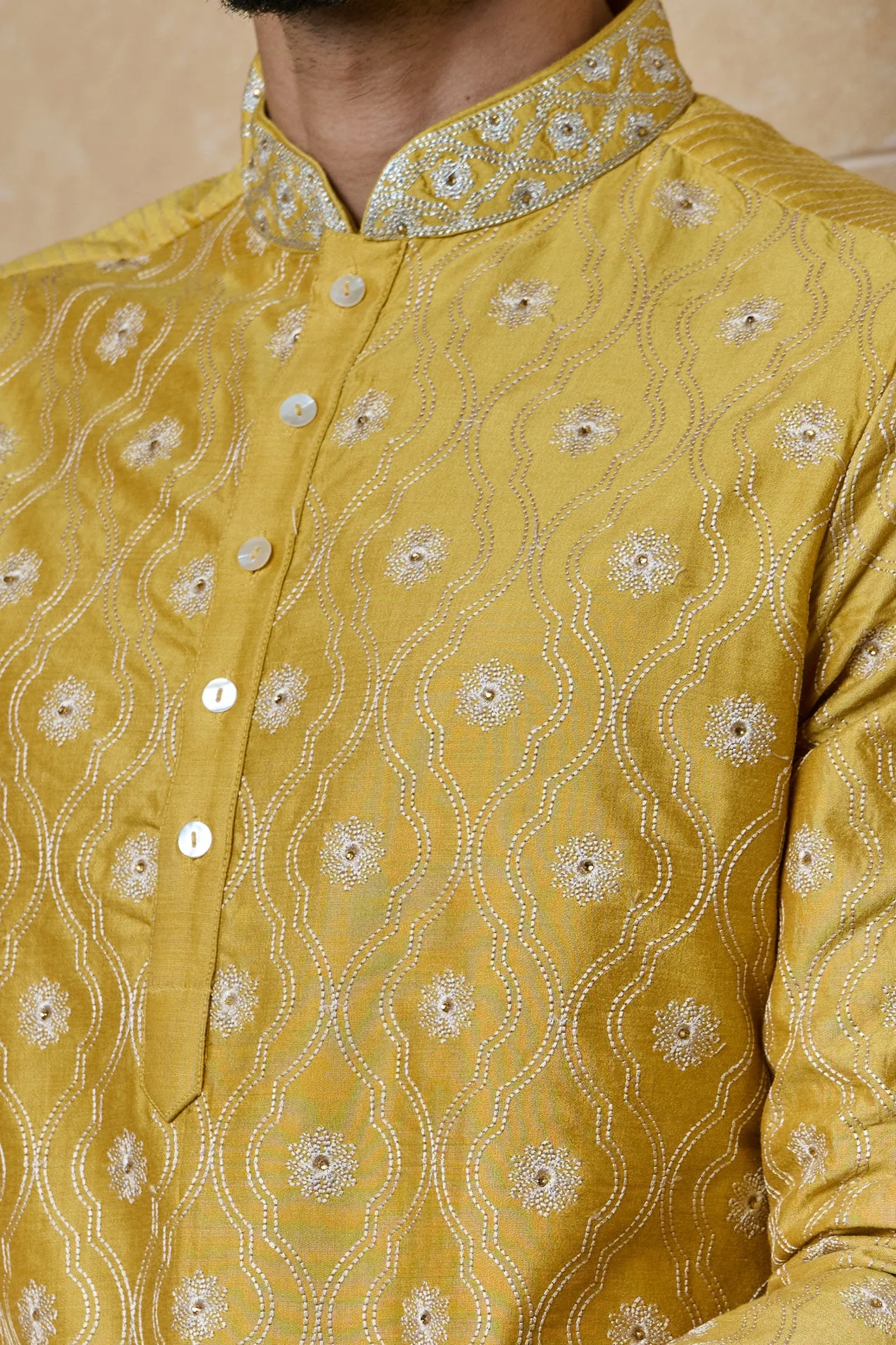 All Over Thread Jaal With Embroidery Neck With Gold Churidar