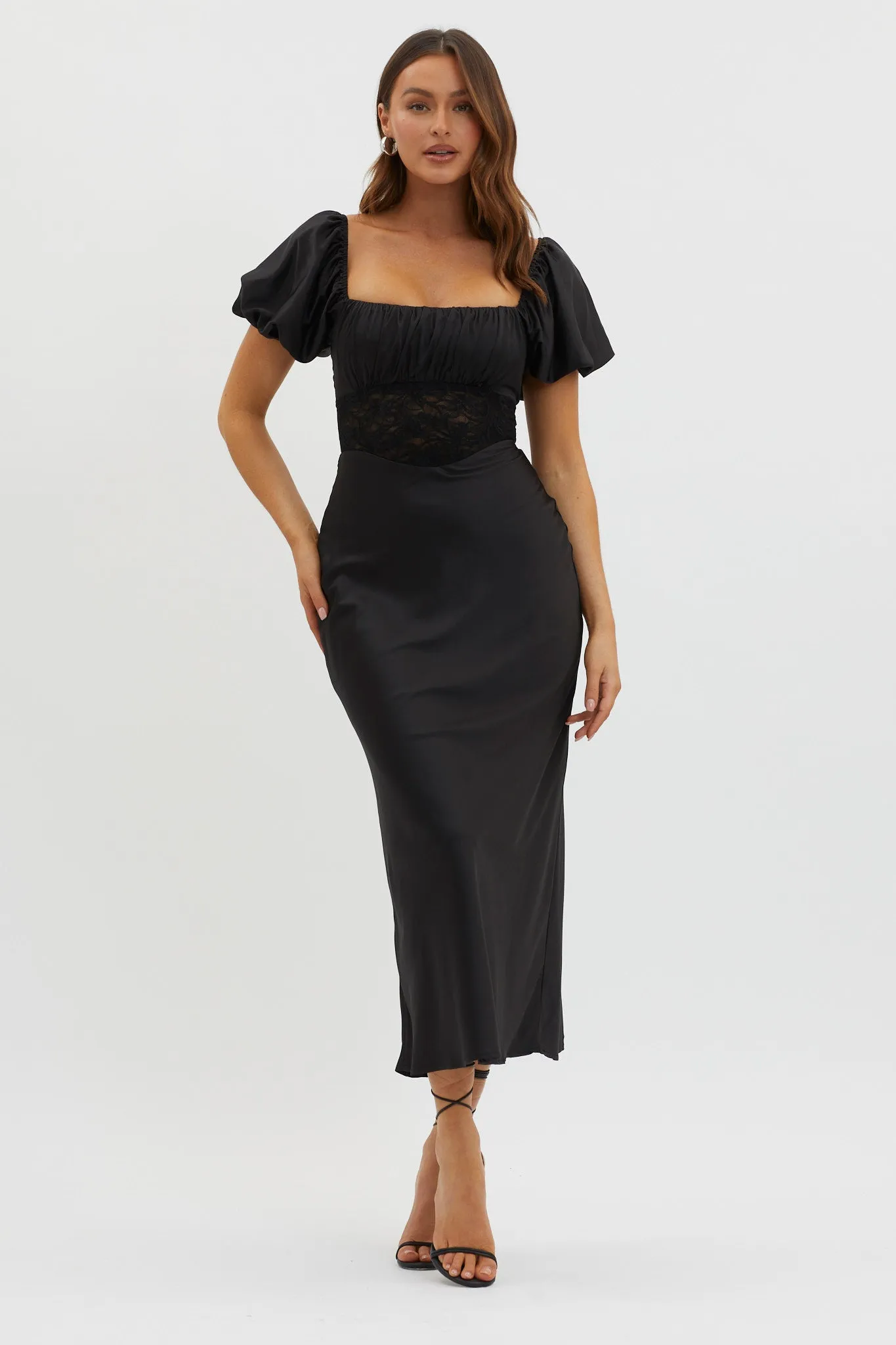 Allianna Puff Sleeve Lace Waist Midi Dress Black