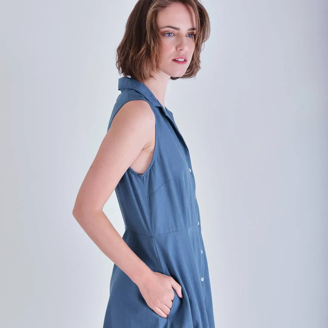 Aubrey Cotton Sleeveless Linen Shirt Dress | Denim