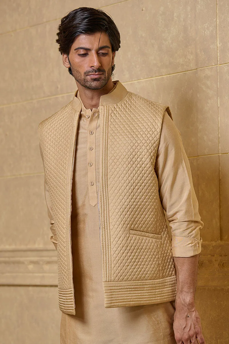 Beige Silk Quilted Kurta Bundi Set