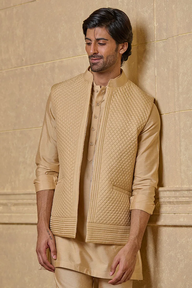 Beige Silk Quilted Kurta Bundi Set