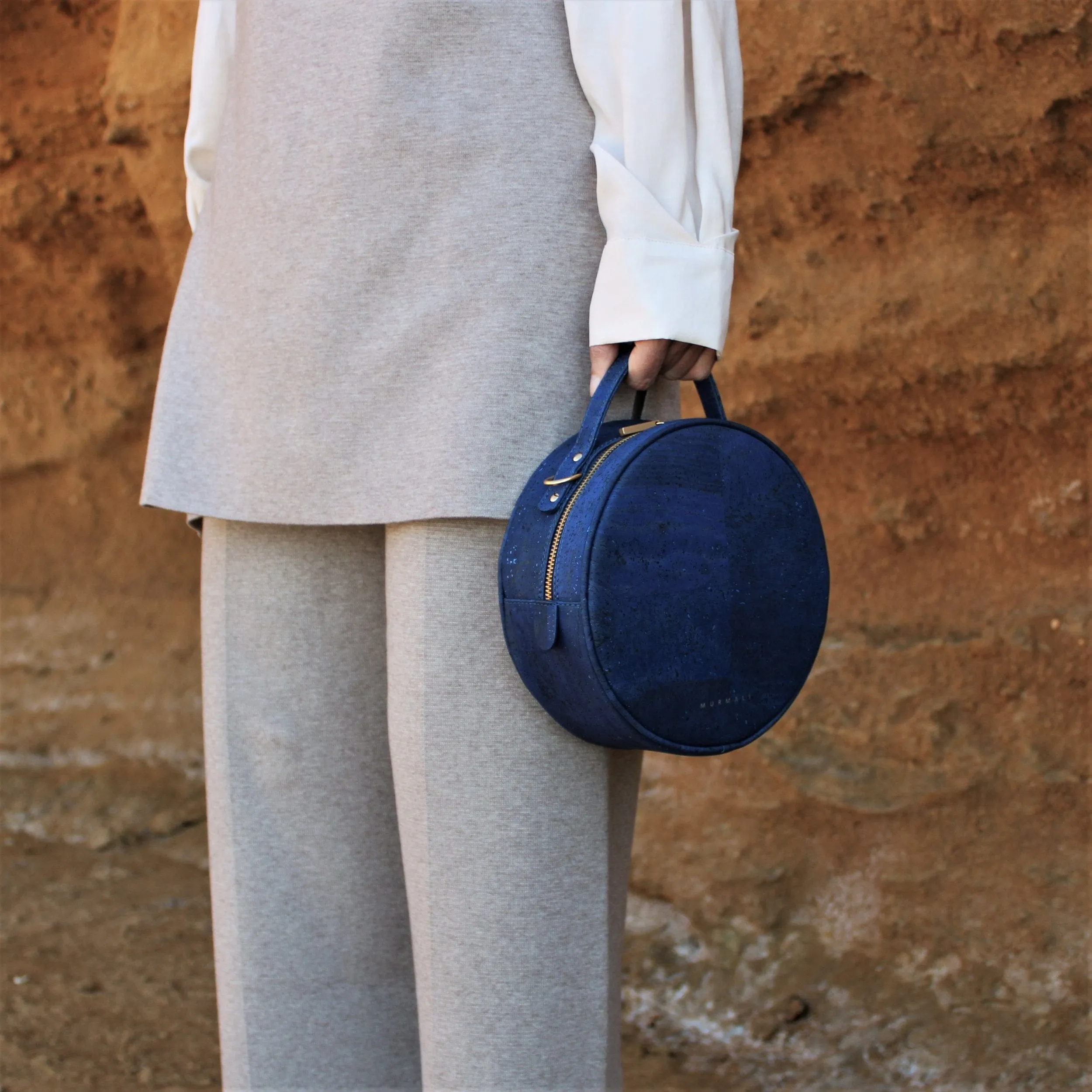 Beta Handcrafted Cork Vegan Round Shoulder Bag | Navy