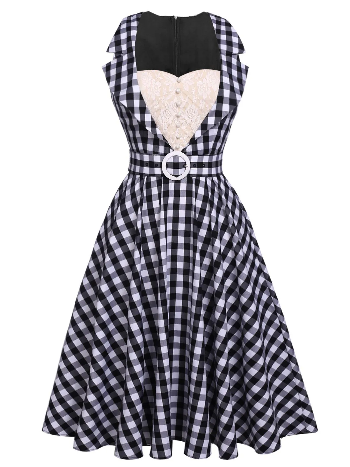 Black 1950s Check Lace Belt Swing Dress