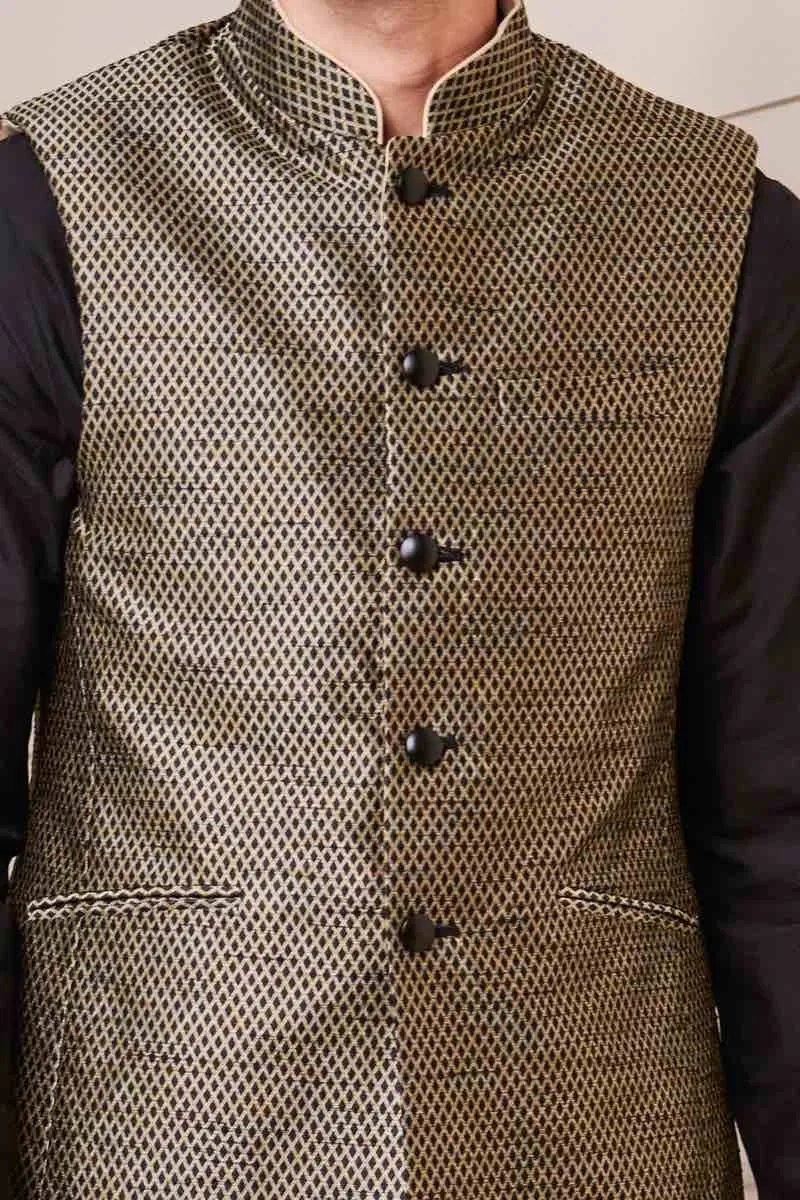 Black Brocade Kurta Bundi Set