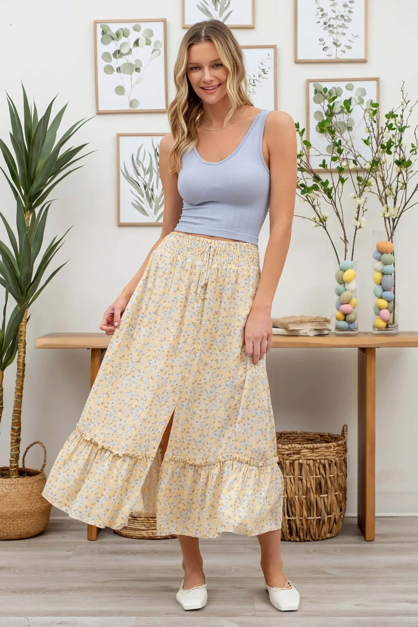 Blessed Life Floral Front Slit Midi Skirt