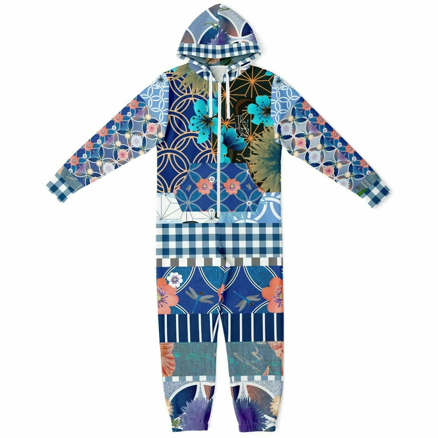 Blue Andalusian Floral Plaid Patchwork Fleece Unisex Romper