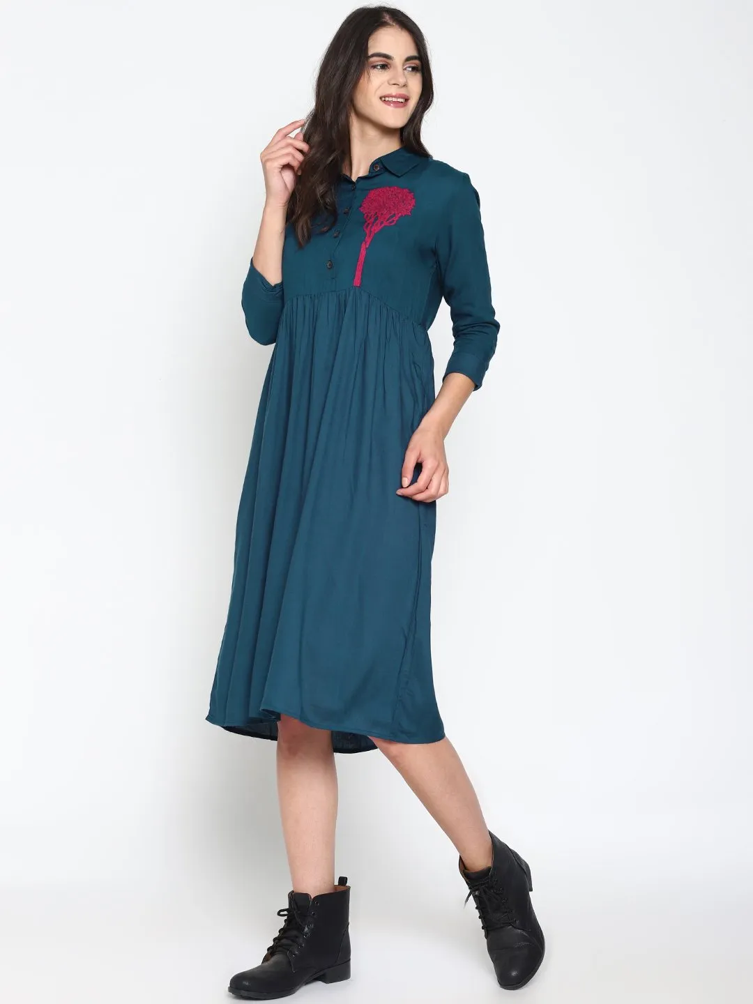 Blue Shirt Dress With Embroidered Tree Motif