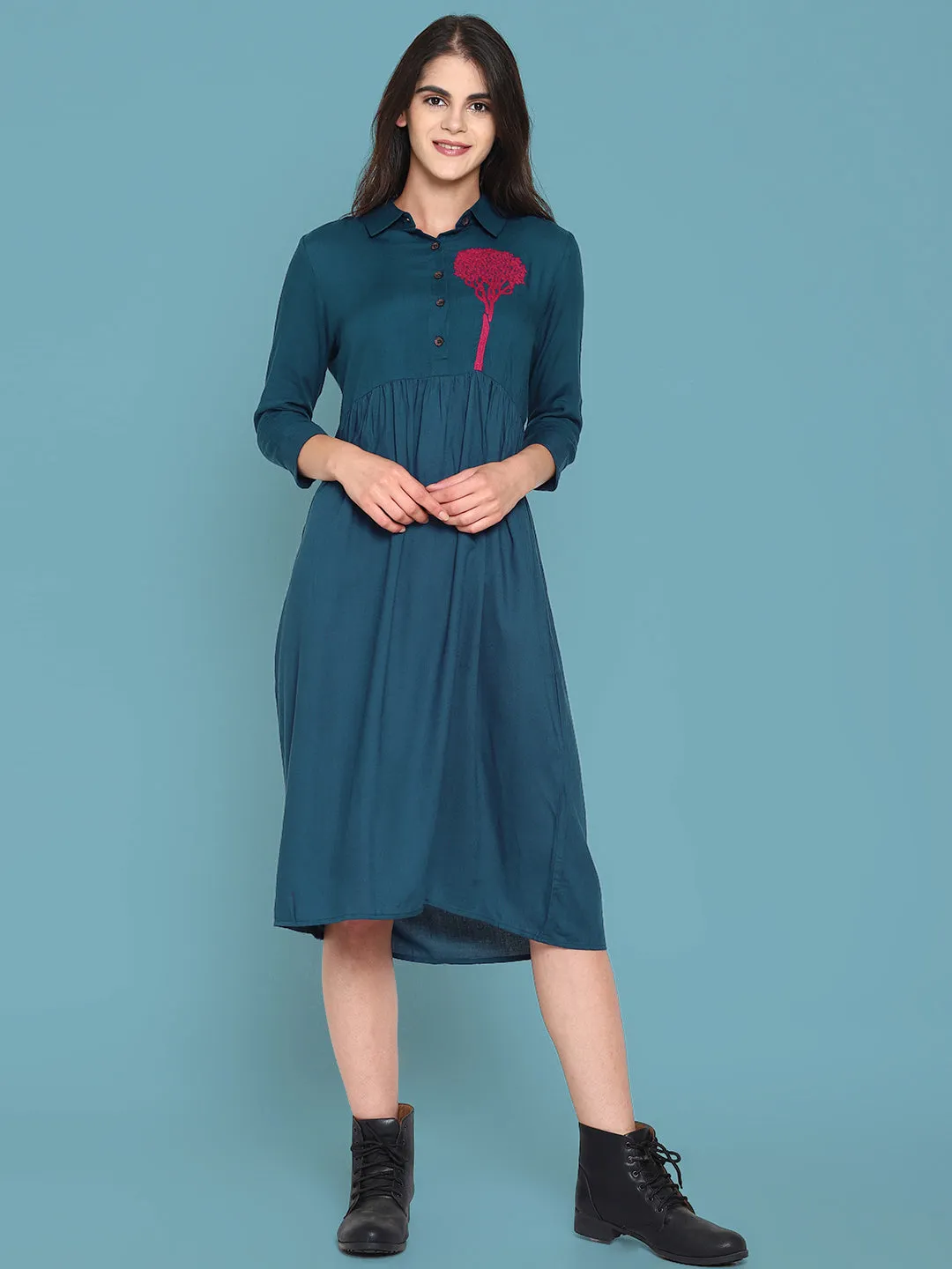 Blue Shirt Dress With Embroidered Tree Motif