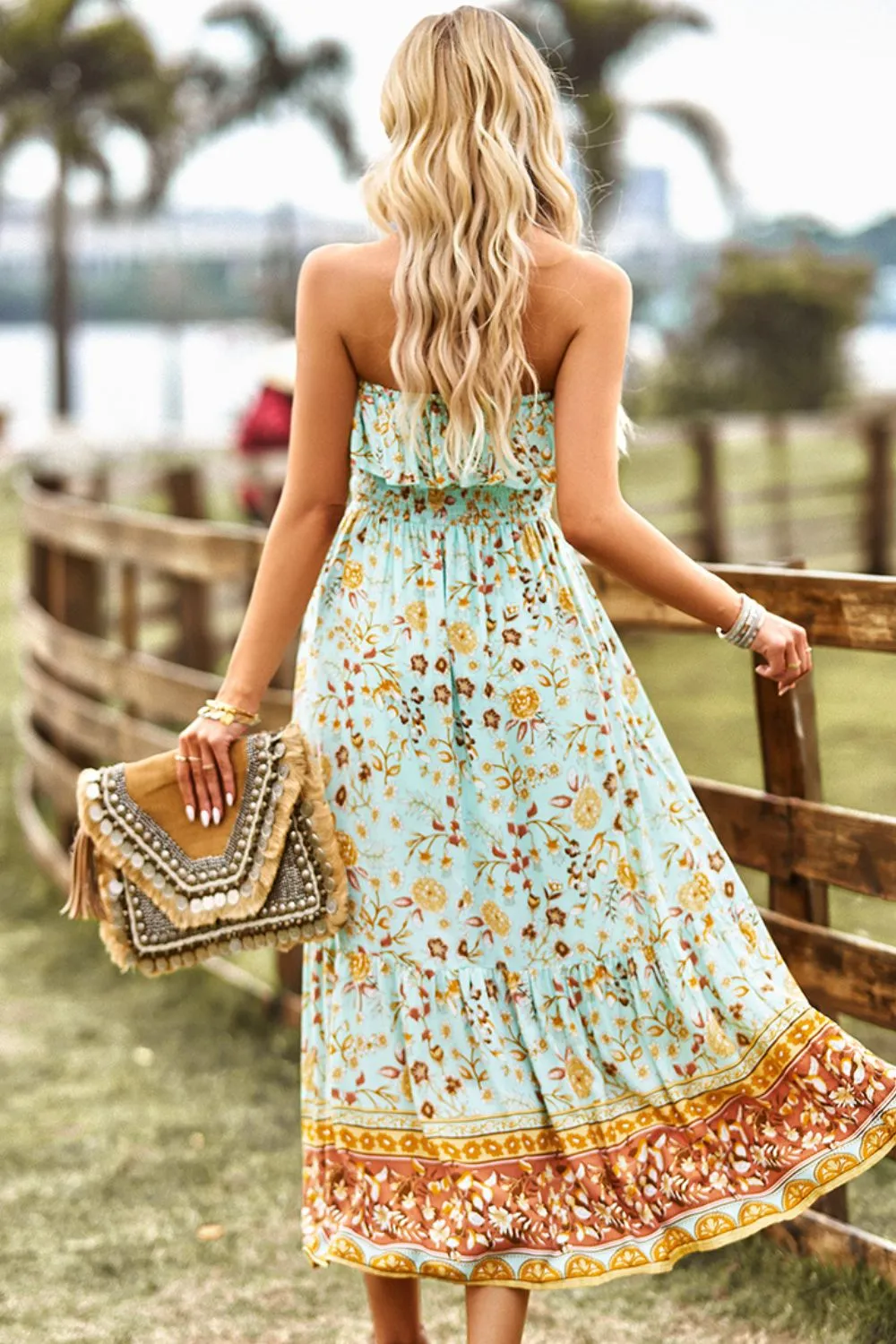 Bohemian Strapless Midi Dress with Slit - Summer Beach Wedding Guest Outfit for Women