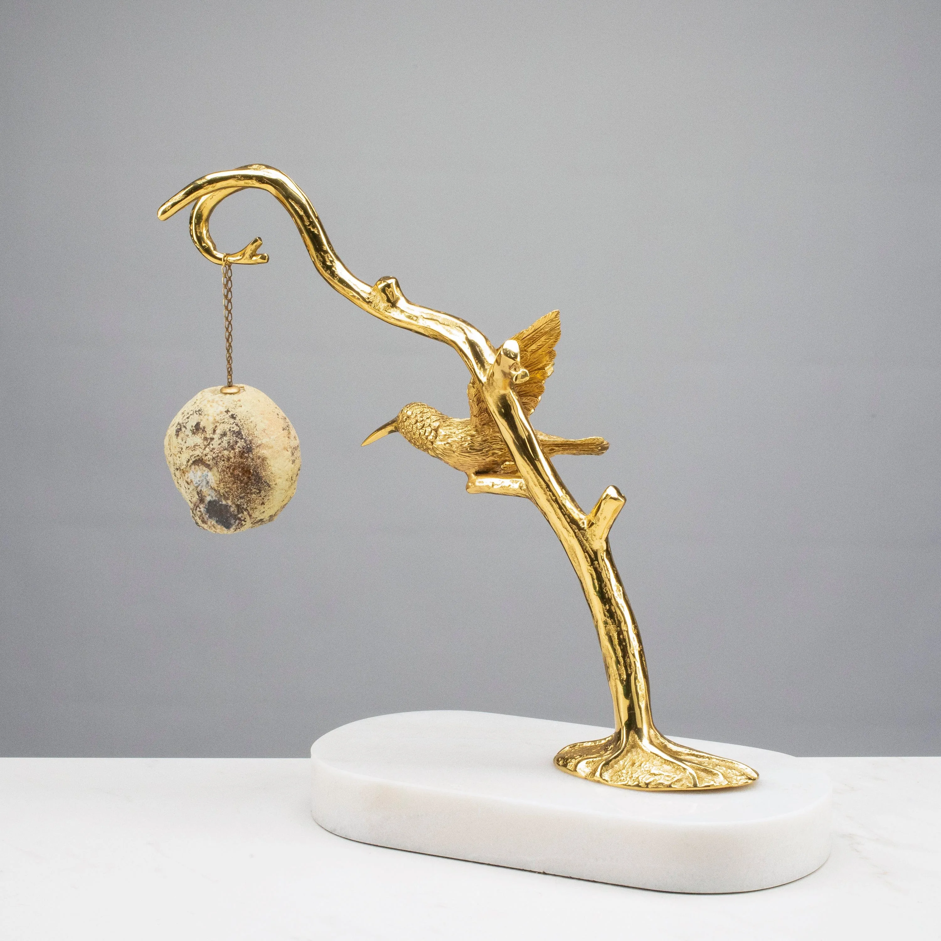 Brass Hummingbird on Marble Base with Agate Geode