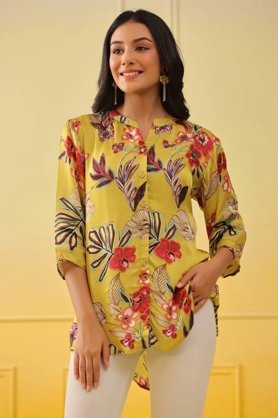 Bright Yellow Floral Crepe Silk Top