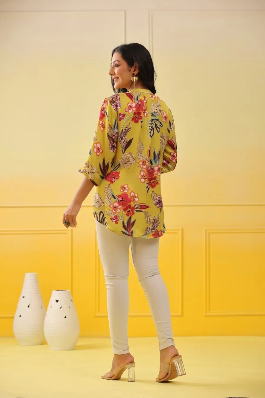 Bright Yellow Floral Crepe Silk Top