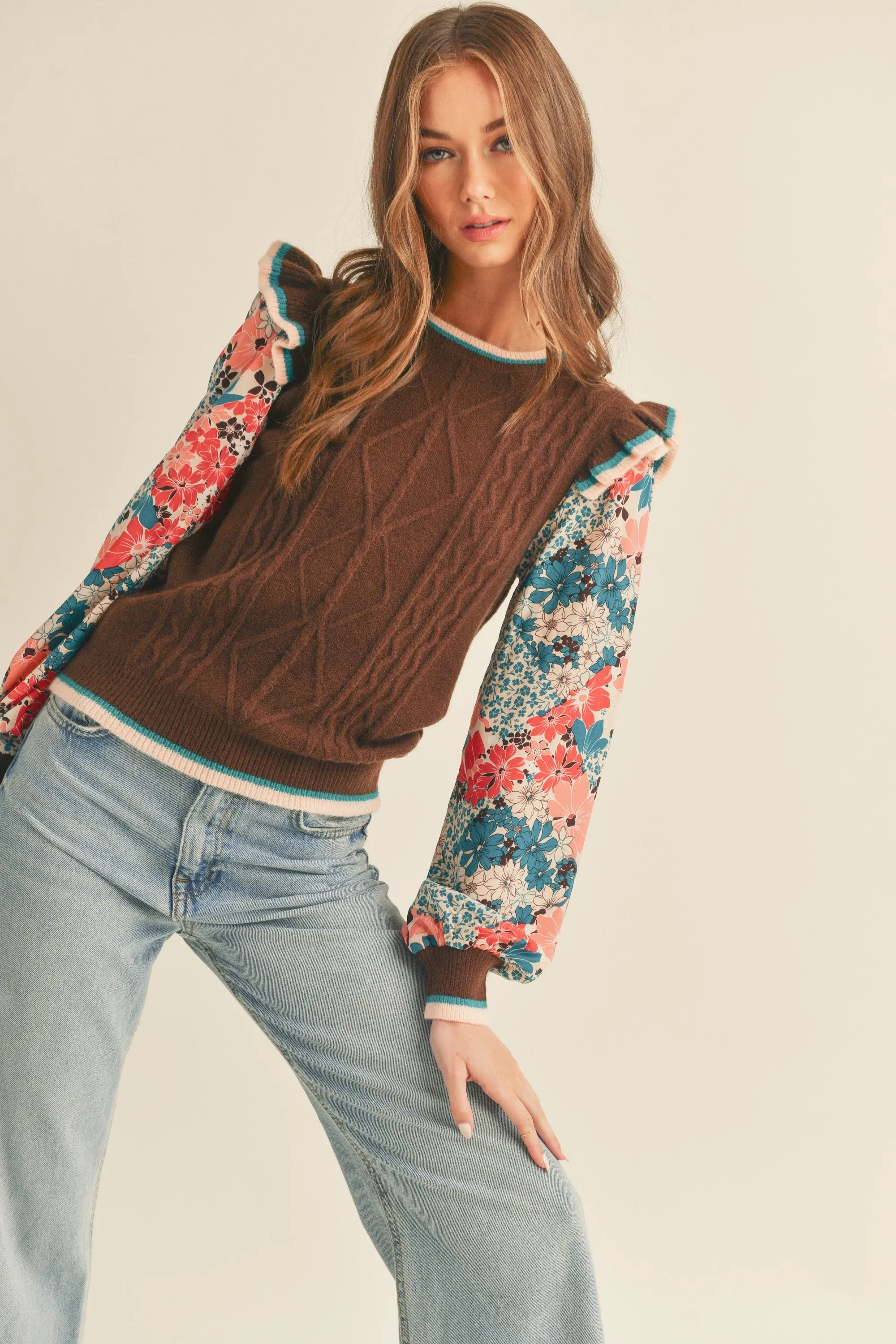 Brown/Teal Floral Sweater Top