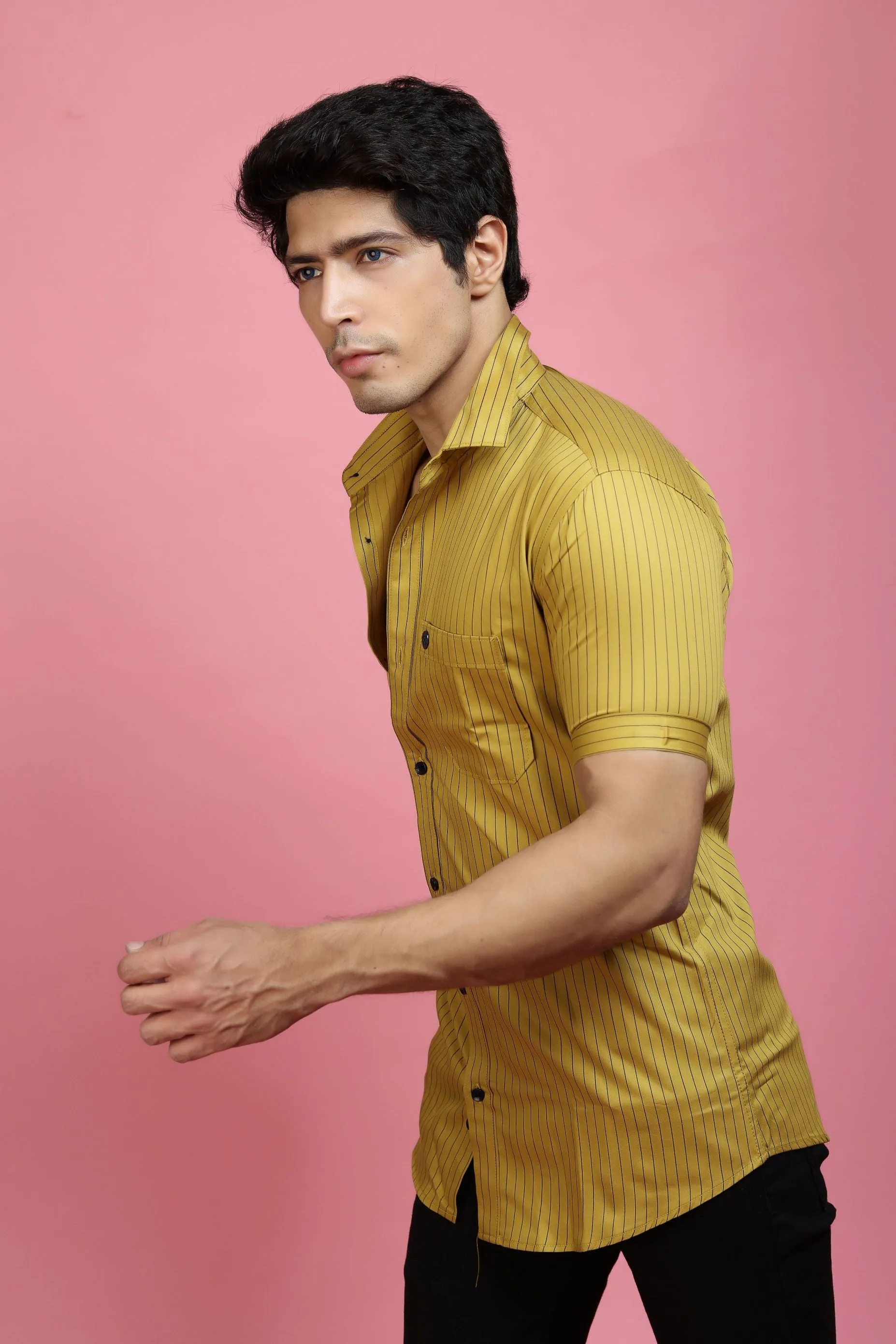 Casual Half Sleeve Shirts - Men Casual Mustard Lining Shirt