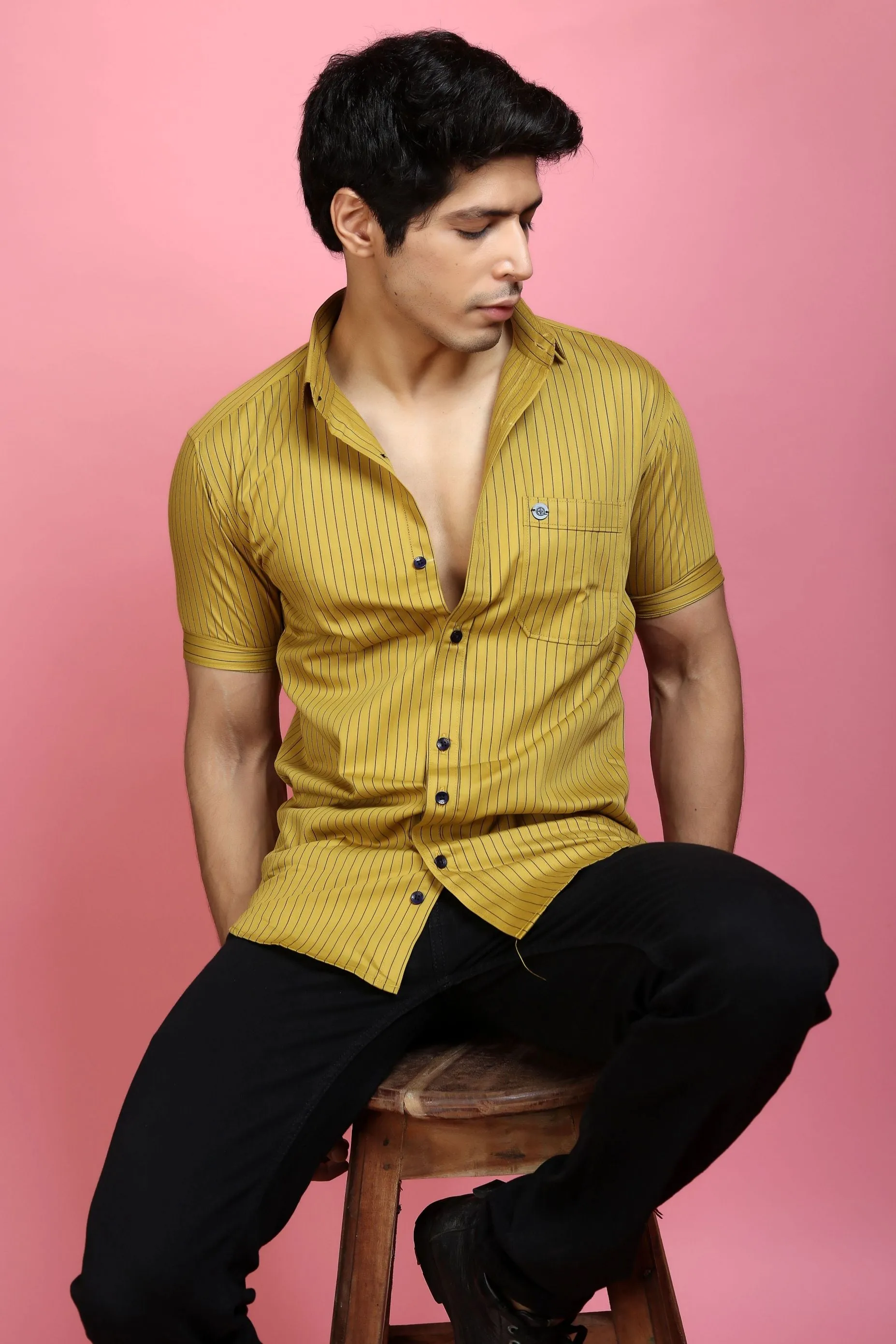 Casual Half Sleeve Shirts - Men Casual Mustard Lining Shirt