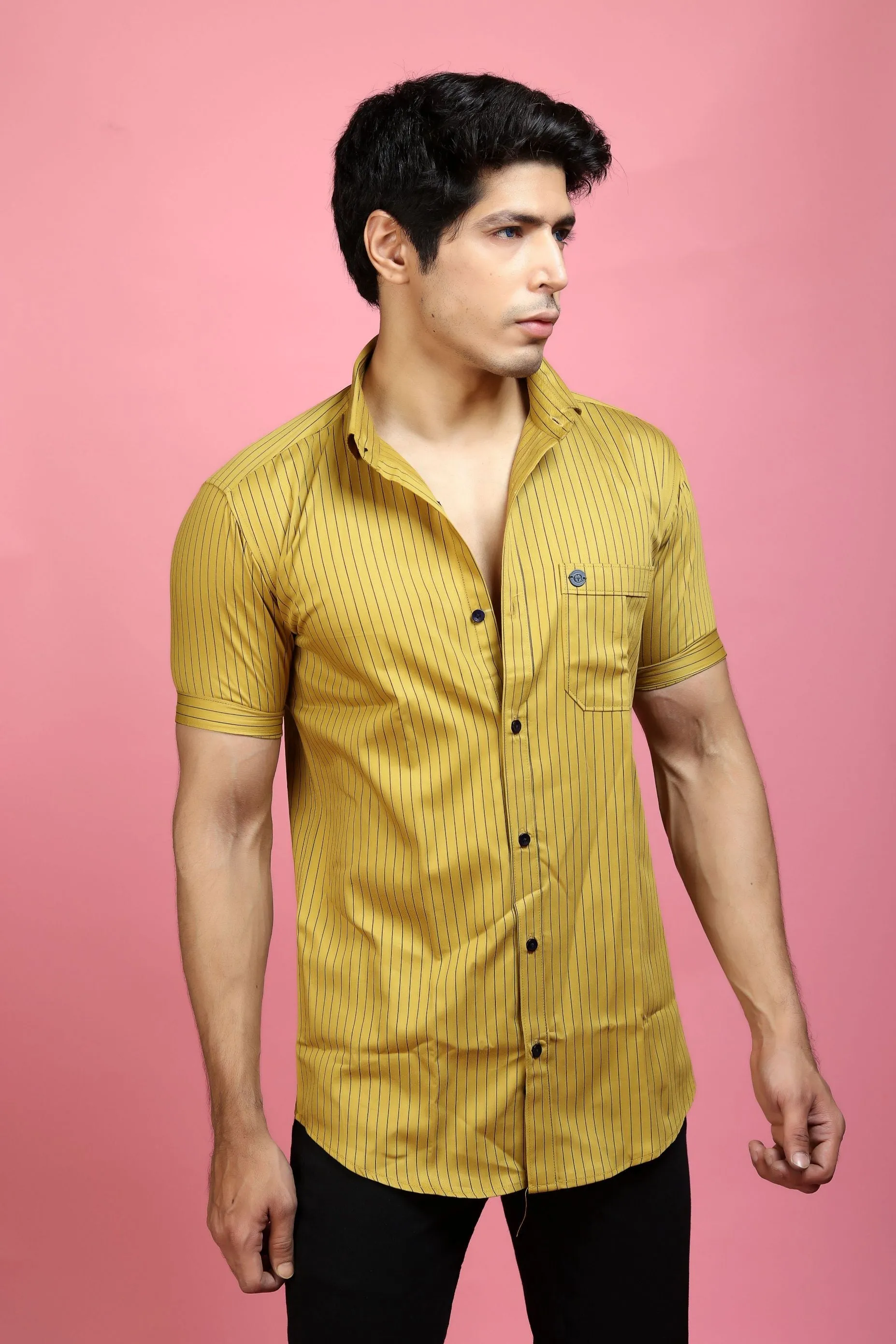 Casual Half Sleeve Shirts - Men Casual Mustard Lining Shirt