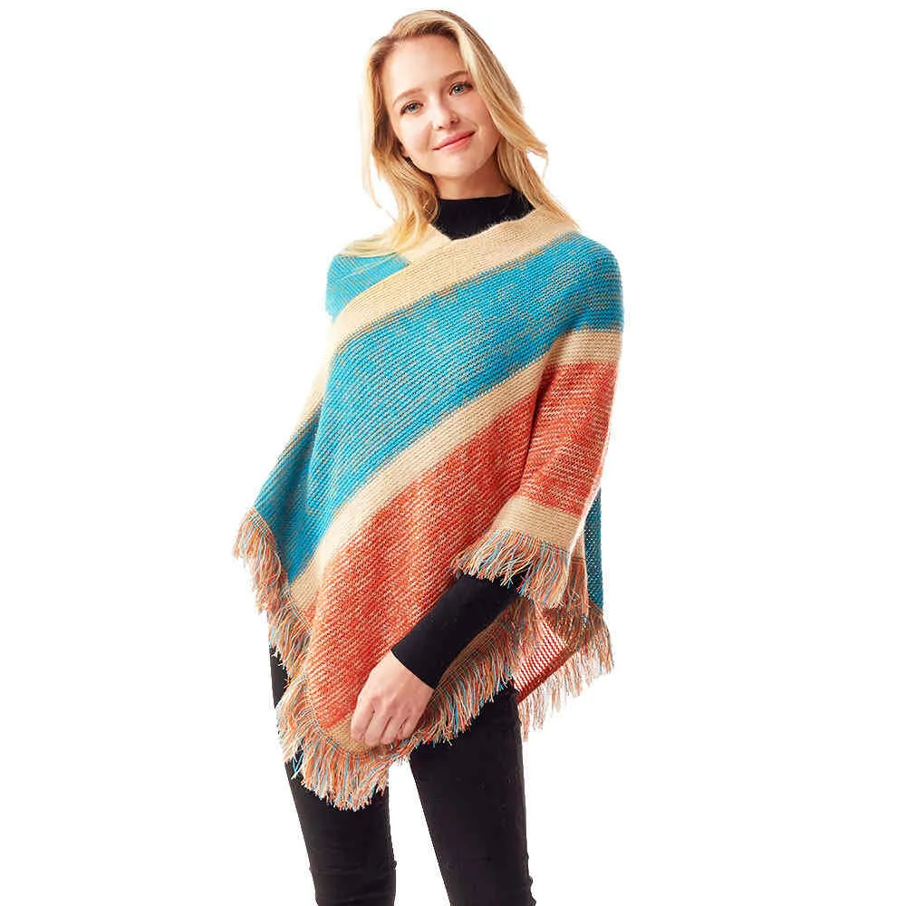 Colorful Vertical Stripe Patterned Poncho with Fringe