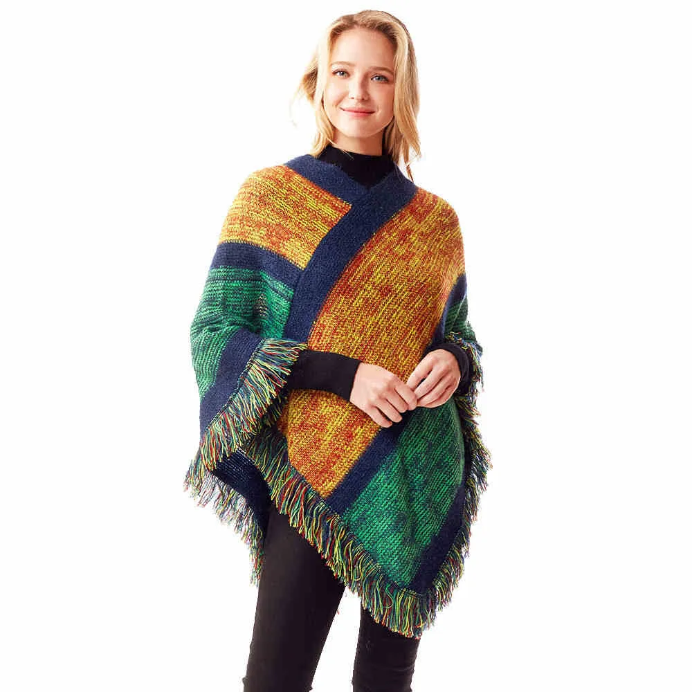 Colorful Vertical Stripe Patterned Poncho with Fringe