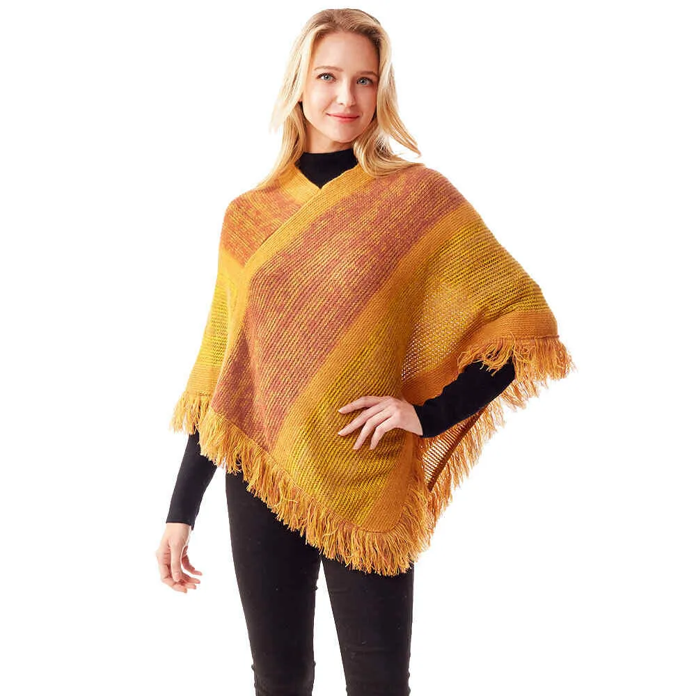 Colorful Vertical Stripe Patterned Poncho with Fringe