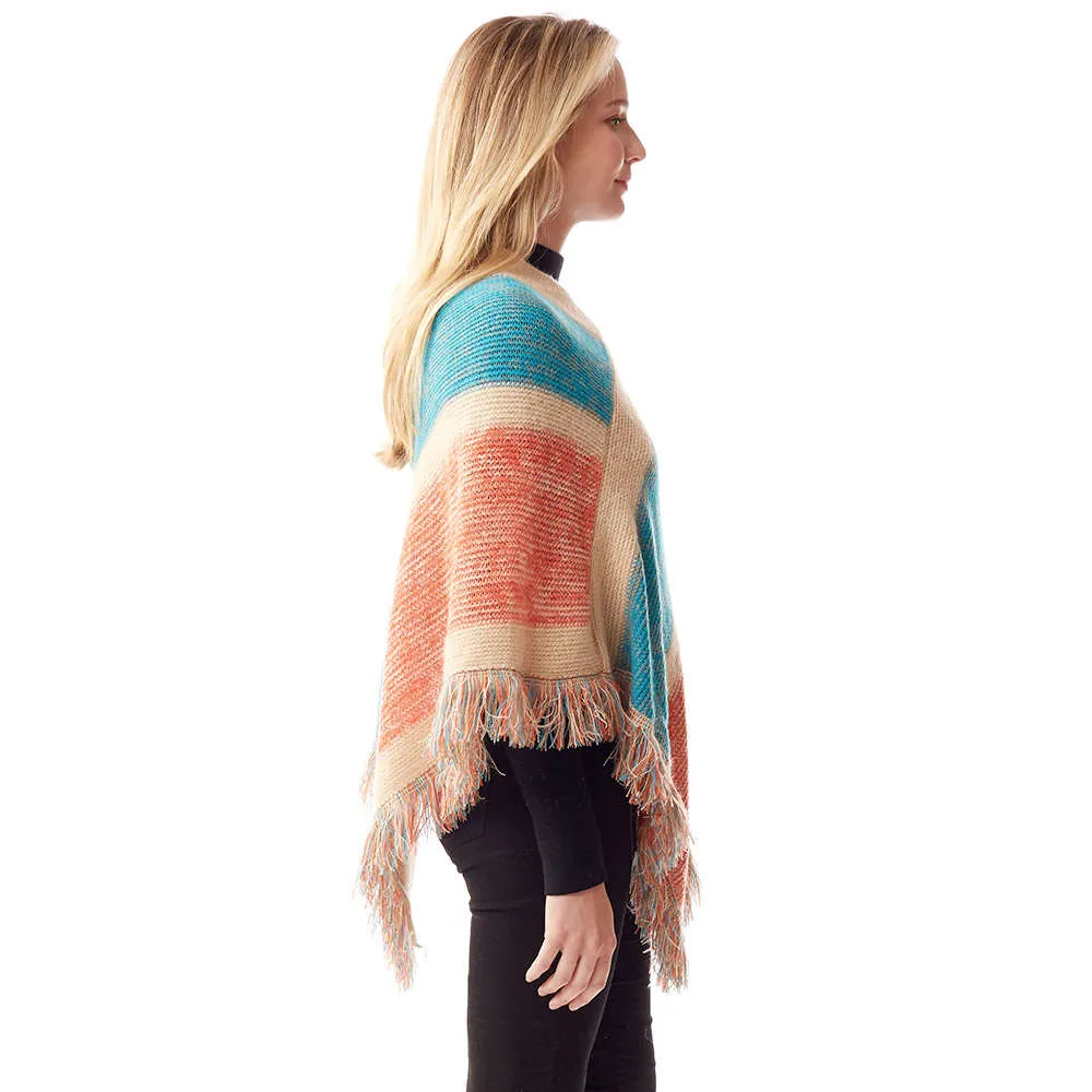 Colorful Vertical Stripe Patterned Poncho with Fringe