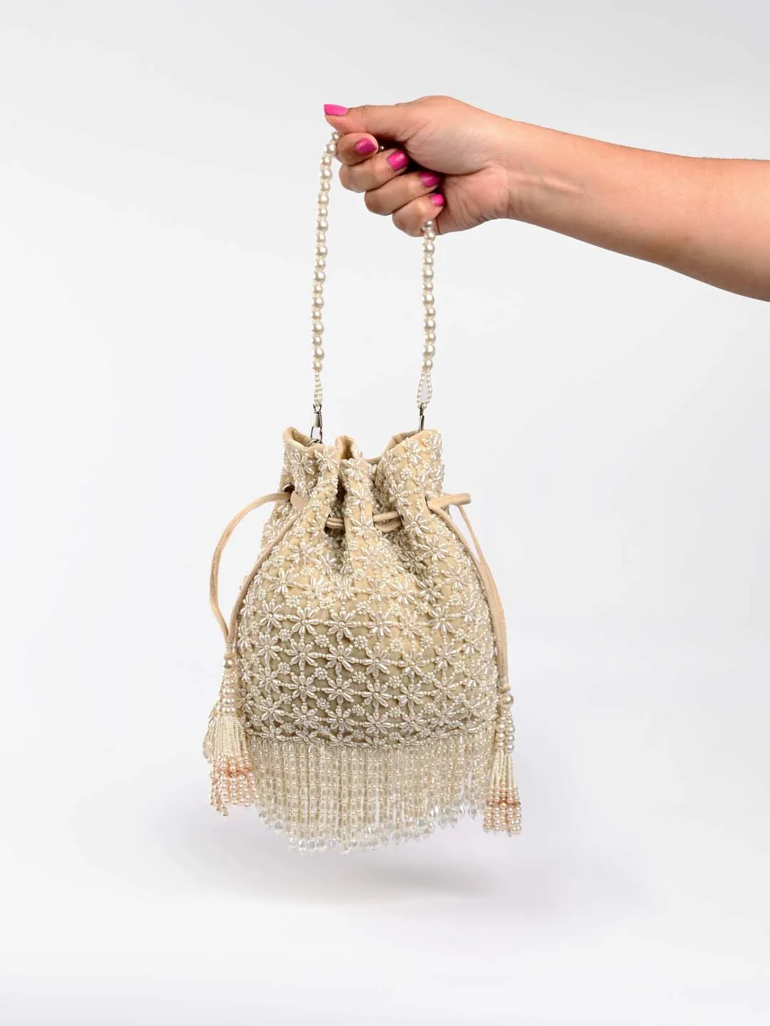 Cream Pearl Embroidered Potli Bag