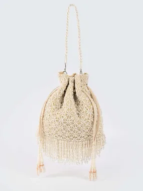 Cream Pearl Embroidered Potli Bag