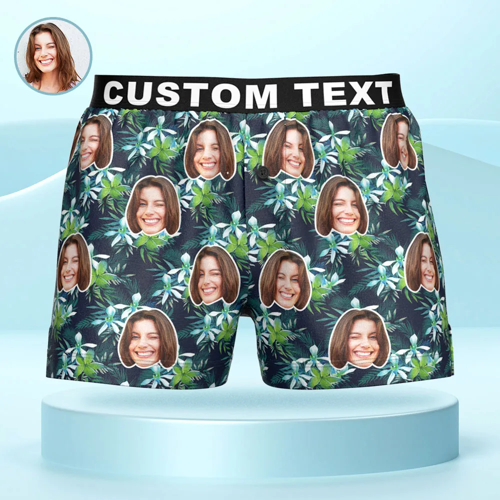 Custom Face Flowers and Leaves Design Boxer Shorts Personalized Waistband Casual Underwear for Him