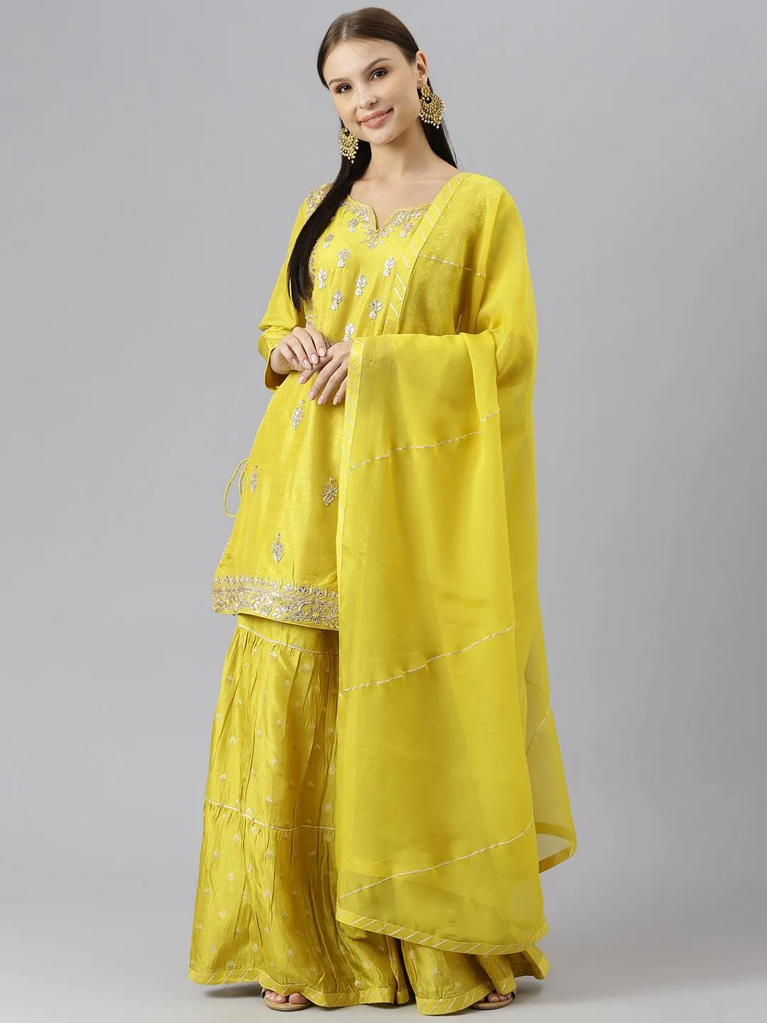 Divena Lemon Yellow Pure Rassion Chenderi Kurta Sharara Set with Dupatta