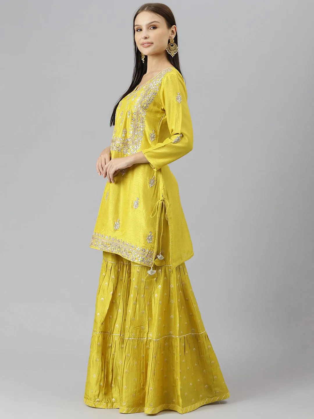 Divena Lemon Yellow Pure Rassion Chenderi Kurta Sharara Set with Dupatta