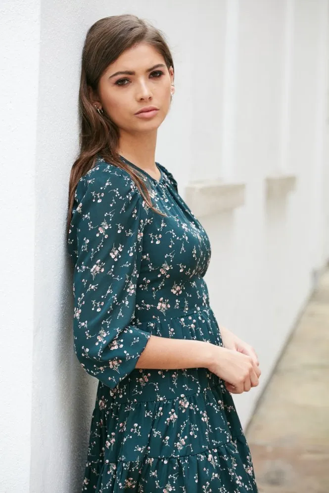 Double Second Teal Floral Tiered Dress