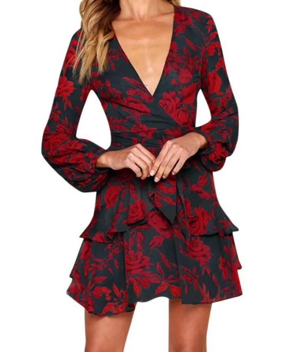 Dress Printing Ruffles Long Sleeve V Neck Mini