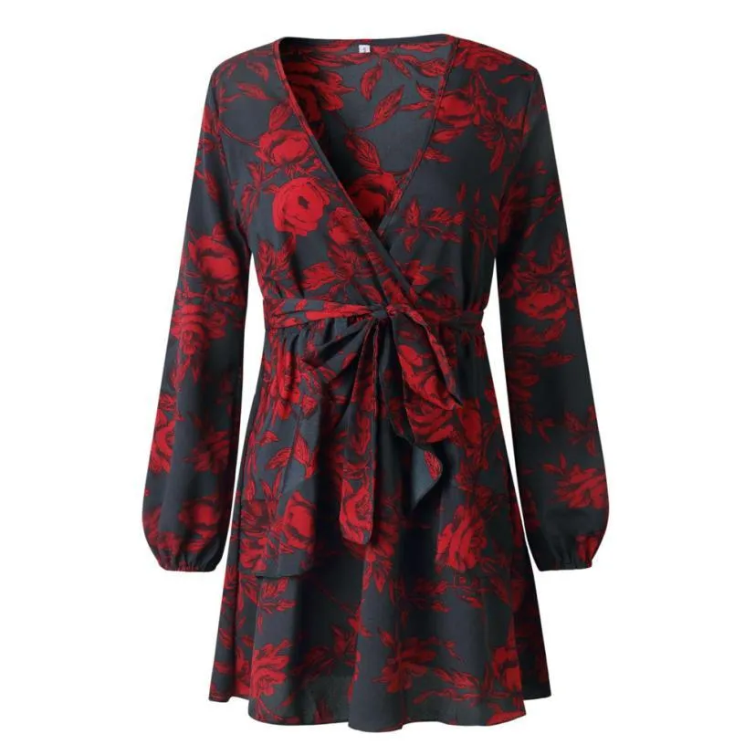 Dress Printing Ruffles Long Sleeve V Neck Mini