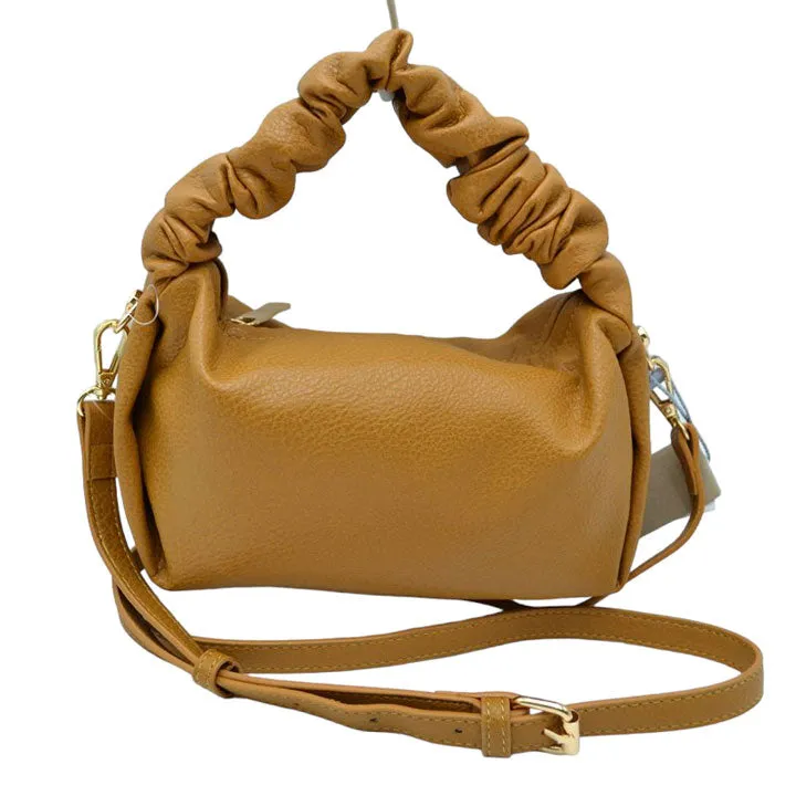 Faux Leather Ruched Top Handle Hobo Crossbody Bag