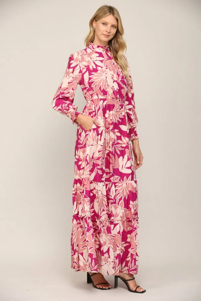 Floral Print Smocked Ruffle Neck Maxi Dress