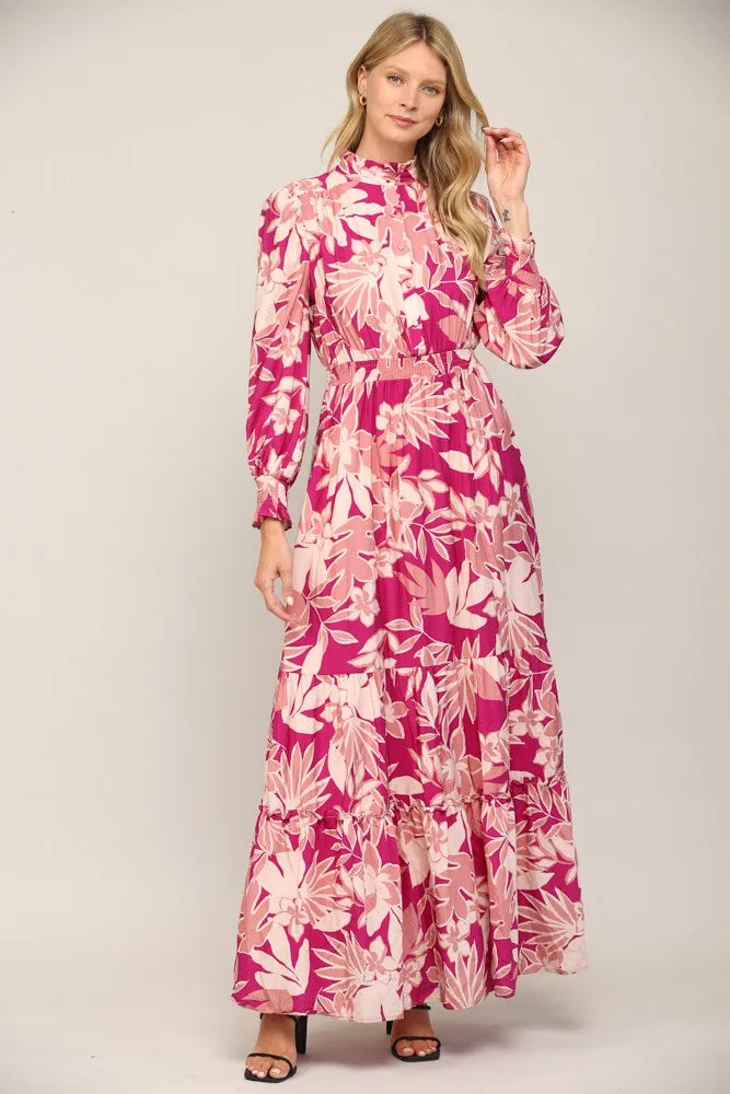 Floral Print Smocked Ruffle Neck Maxi Dress